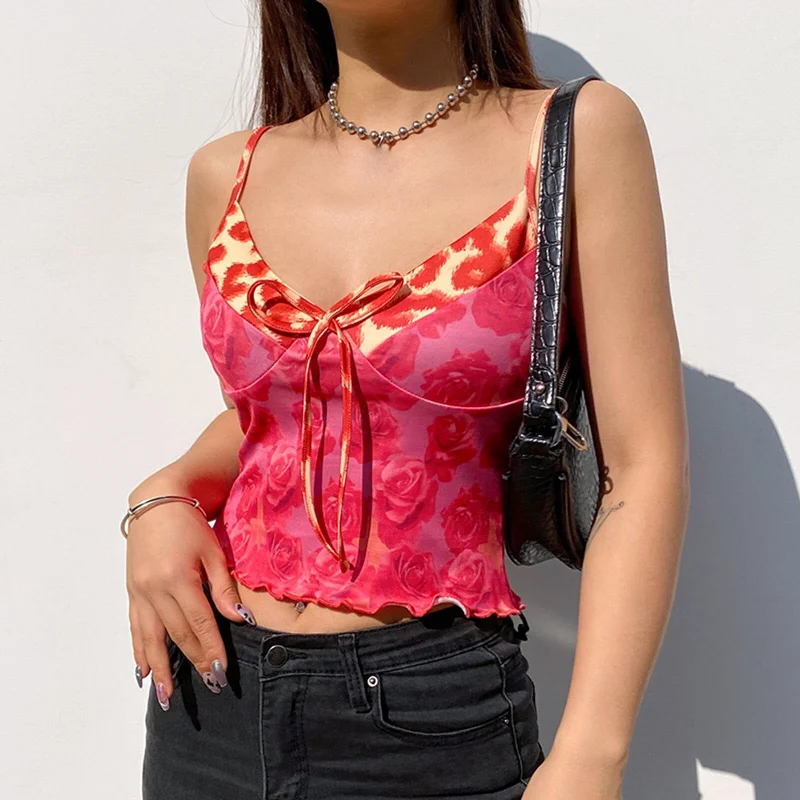 Rose Print V-Neck Cami Tops