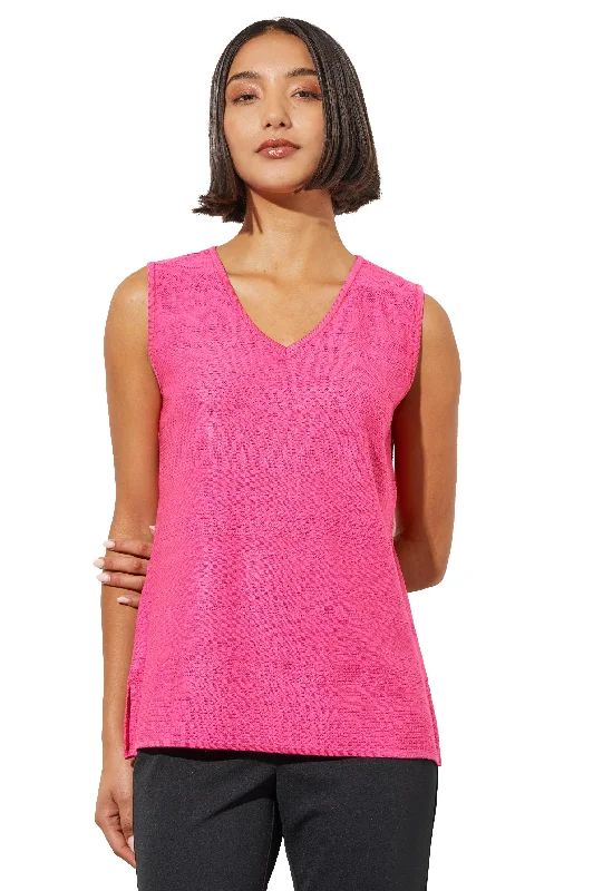 V-Neck Textured Soft Knit Tank Top, Carmine Rose