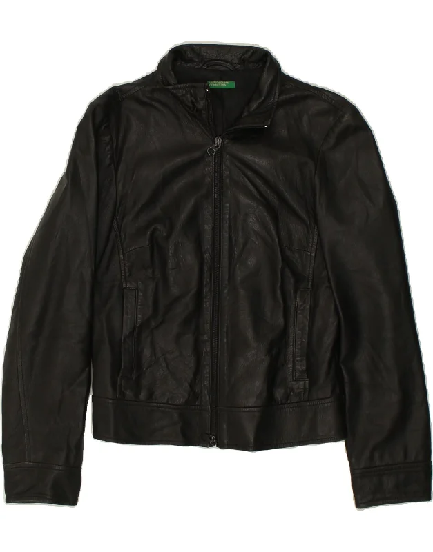 BENETTON Womens Leather Jacket UK 8 Small Black Leather