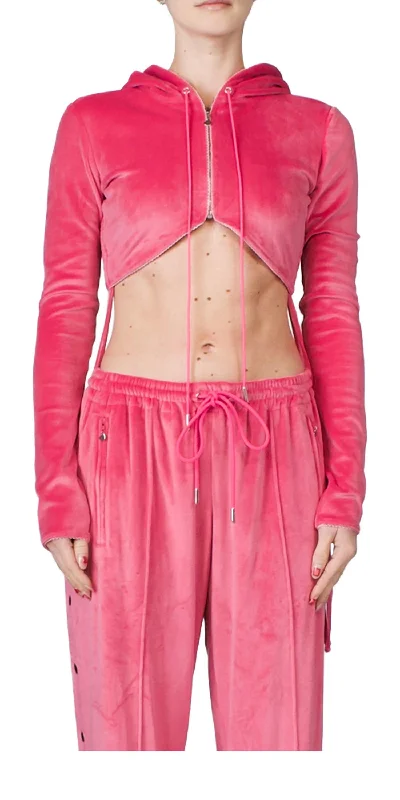 Cropped Zip Up Velour Hoodie In Hot Pink