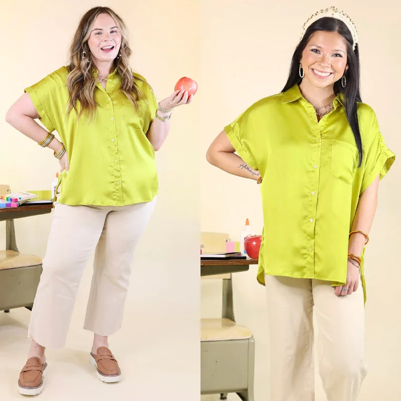 Free To Be Fab Button Up Short Sleeve Top in Chartreuse Green