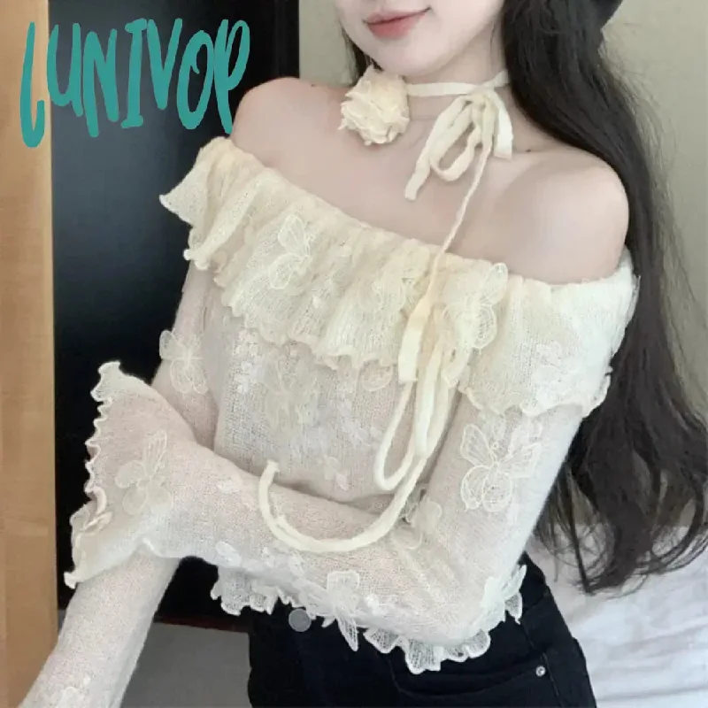 Lunivop 2024 Autumn for Women Crop Tops Vintage Korean Retro High Street Knit Butterfly Lace Decal T-Shirt Streetwear Tee Shirt