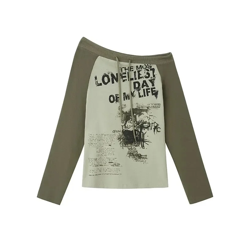 Lunivop 2024 Spring Japanese Y2k Off Shoulder T-shirt Grunge Aesthetics Retro Blouse Print Long Sleeve Tee Shirt Vintage Harajuku