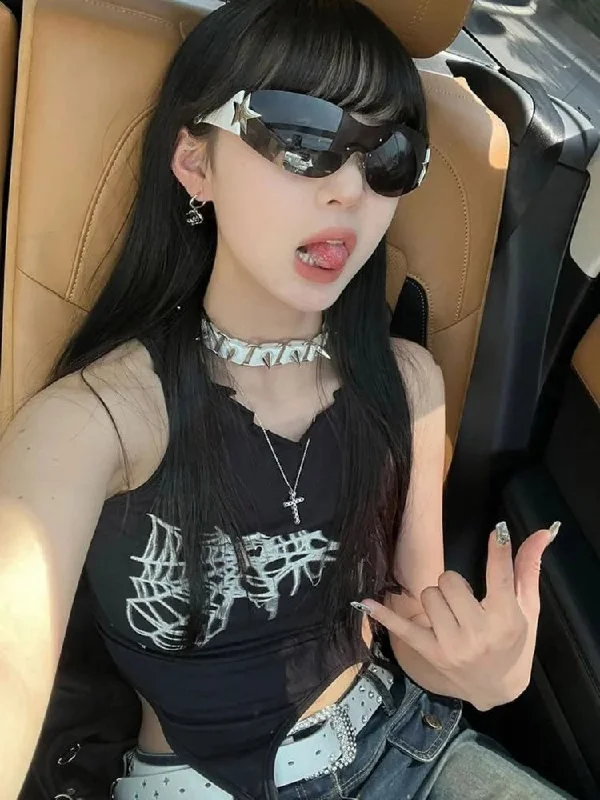 Lunivop American Punk Black Web Print Camisole Vests Summer New Slim Fit Lace Up T-shirts Y2k E-Girl Sleeveless Bottoming Tops Women