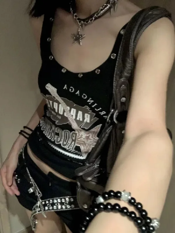 Lunivop American Vintage Punk Rock Camisole for Women Summer Sexy Slim Fit Print T-shirts Y2k E-Girl Sleeveless Black Tops