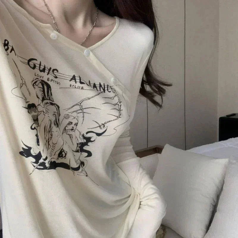 Lunivop Coquette Off Shoulder Beige T-shirts Women Y2k Style Irregular Long Sleeve Oversized Tops Korean Reviews Many Clothes