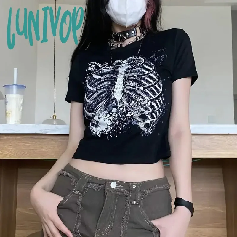 Lunivop Cropped T-shirt for Women Girl Goth Skeleton Horror Tee Tops Streetwear Tshirt Gothic Grunge Graphic Black Clothing