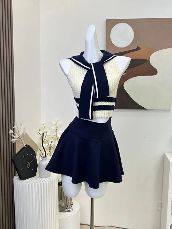 Lunivop High Street Fashion 2 Piece Skirt Set Gyaru Sailor Collar Striped Shirts Sleeveless Cozy + Navy High Waist A-Line Skirt Elegant