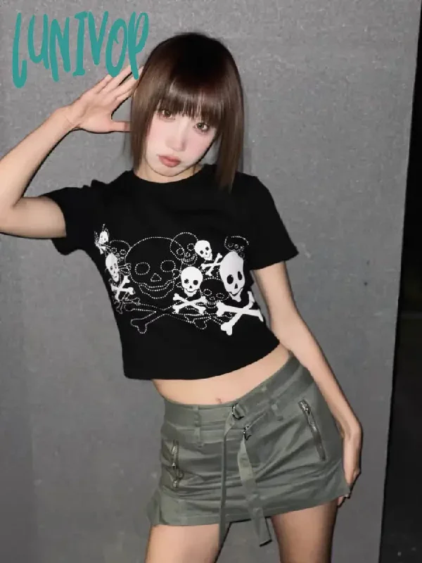 Lunivop Korean Fashion Women's Sexy Cropped Top Summer Short Shirts Croptop Harajuku Streetwear T-shirts Clothes Horror Skull Graphic