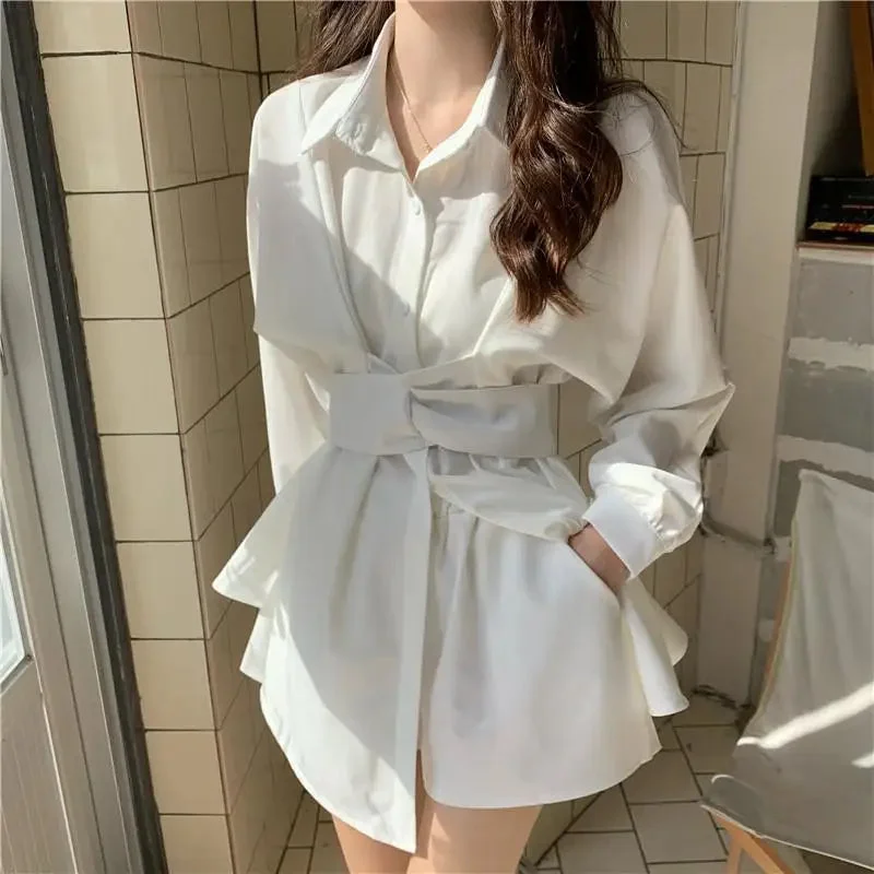 Lunivop Korean One Piece White Shirt Dress Women Office Ladies Elegant Tunic Blouse Dresses Irregular Long Sleeve High Waist