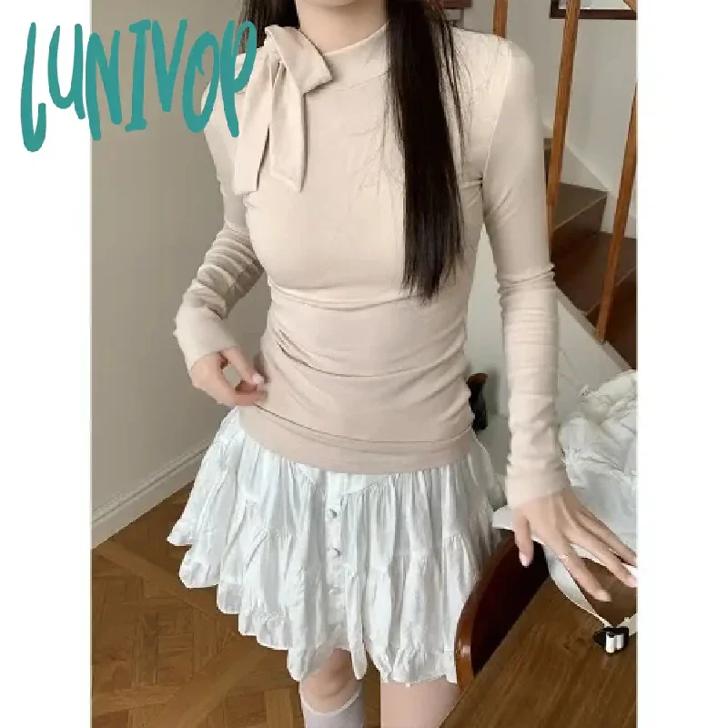 Lunivop Korean Women Vintage Y2k Aesthetic T-shirts Streetwear Chic Bow Bottoming Tshirts Half Long Sleeve Solid Tees Fashion All Match