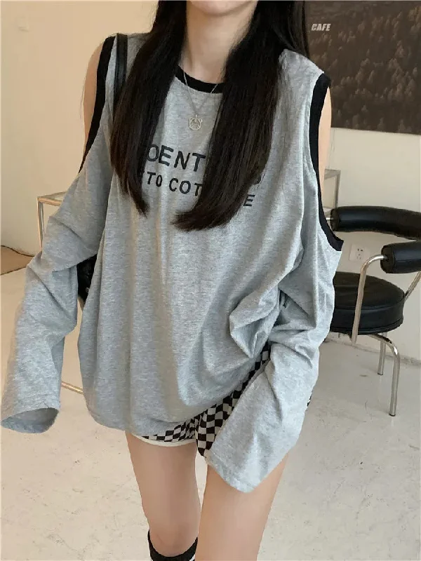 Lunivop Kpop Korean Style Off Shoulder Grey T-shirts Women Y2k Letter Oversized Long Sleeve Tees Harajuku Streetwear Loose Tops