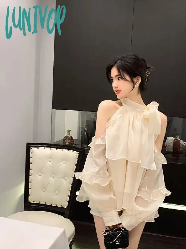 Lunivop Ladies Fashion Tops Summer Shoulderless Chiffon Solid Color Ruffled Shirts Long Puff Sleeves Summer Loose Bandage Blouses