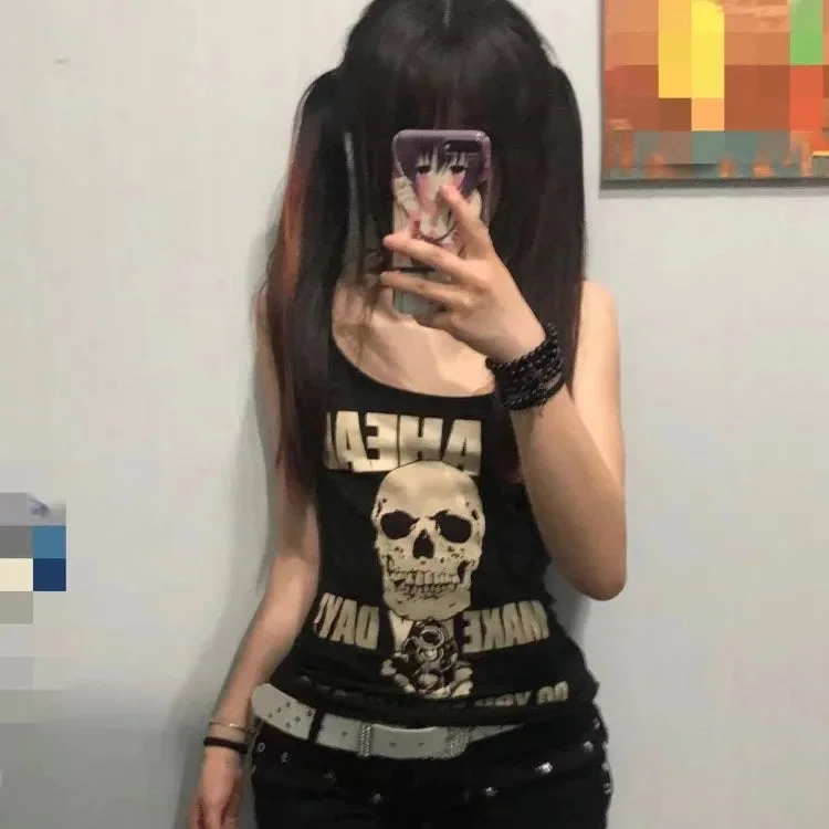 Lunivop Punk Skull Rose Print Vest T-shirts 2024 Summer New Sleeveless Tops Women Y2k Grunge O-neck Slim Fit Black Tee Shirt