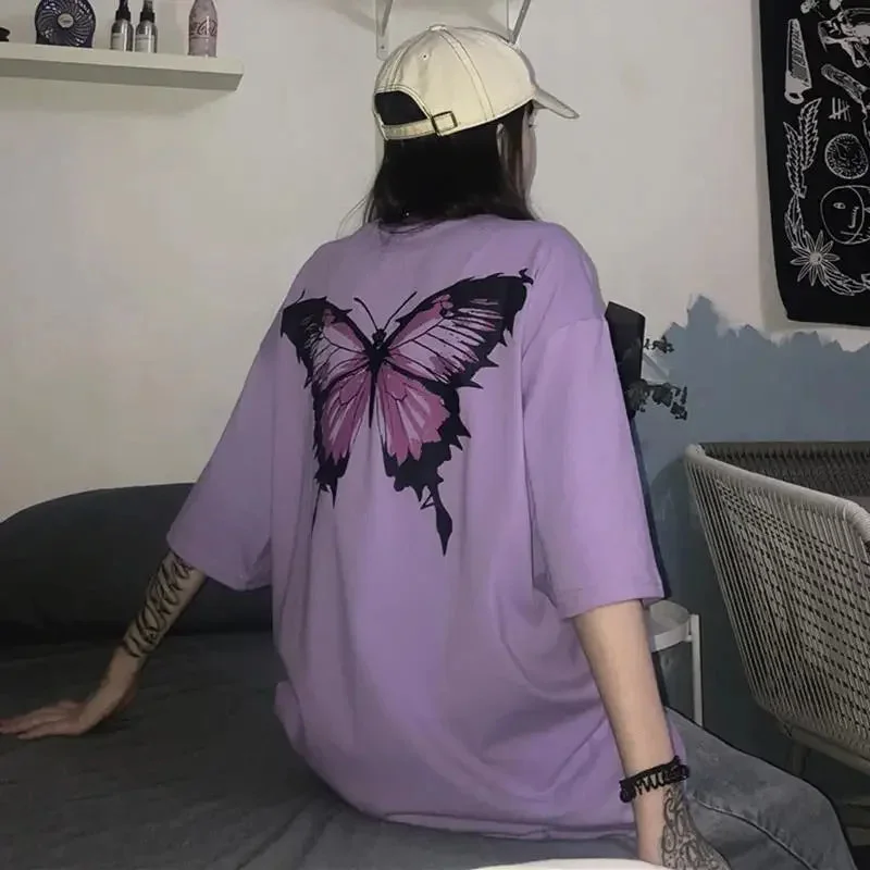 Lunivop Purple Butterfly Graphic Vintage T Shirt for Men Women Alt Clothes Tshirt  Tee Tops 90s Aesthetic Korean Fashion Clothing