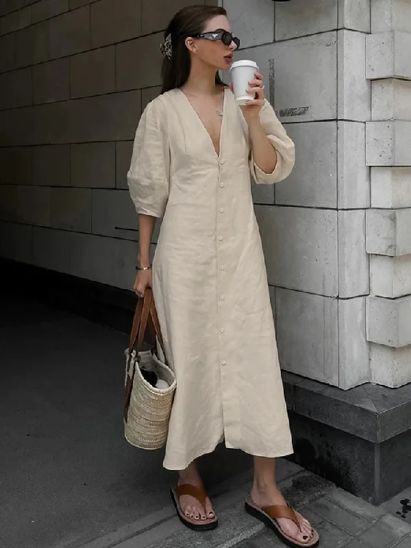 Lunivop Summer Autumn Holiday Shirt Dress Solid Khaki V-neck Short Sleeve Midi Dress For Women