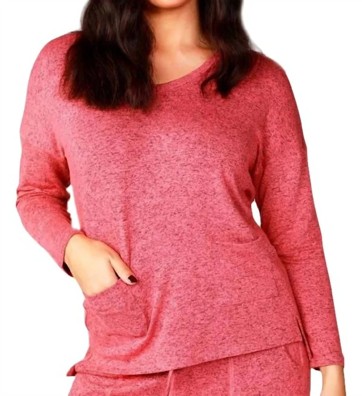 Melange 2 Pockets V-Neck Top In Coral