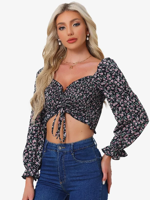 Square Neck Drawstring Front Puff Sleeve Summer Blouse Smocked Floral Crop Top