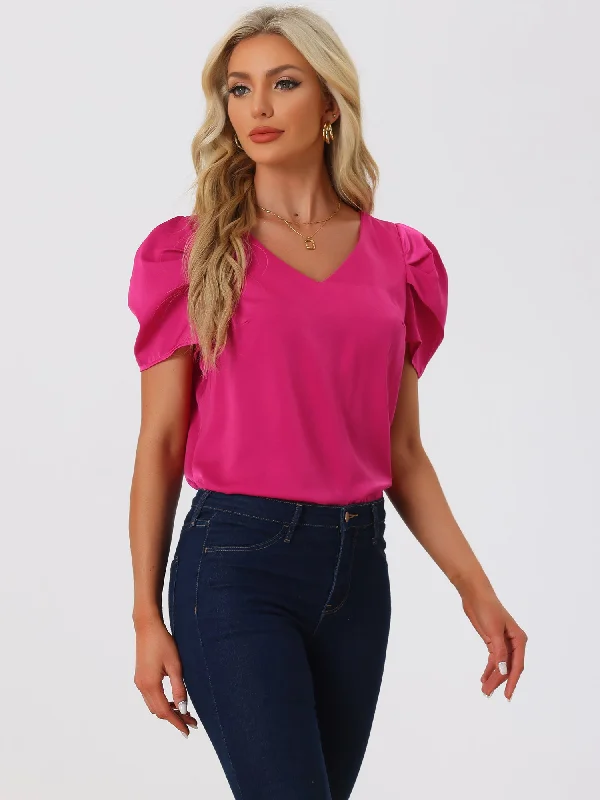 Satin Blouse V Neck Short Puff Sleeve Casual Tops