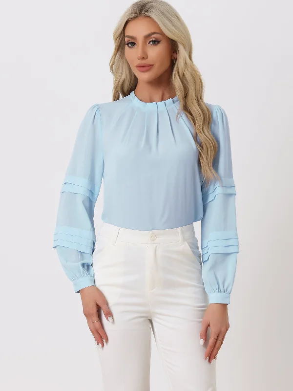 Mock Neck Pleated Solid Lantern Long Sleeve Blouse