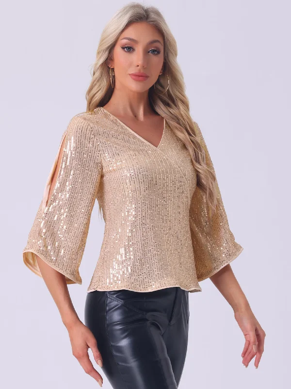 Sequin Cut-Out 3/4 Sleeve V Neck Sparkly Blouse