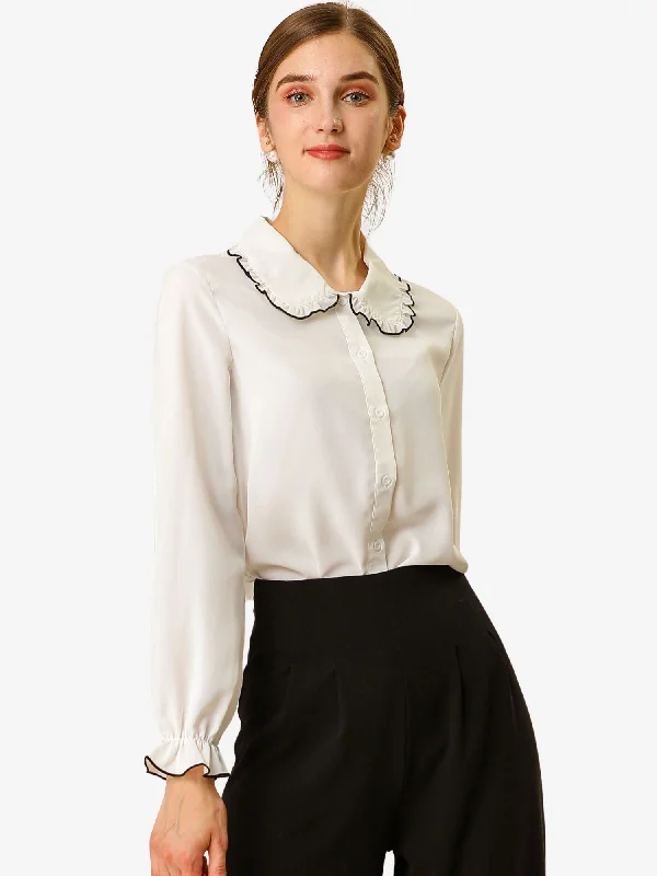 Sweet Ruffle Peter Pan Collar Long Sleeve Button Up Shirt