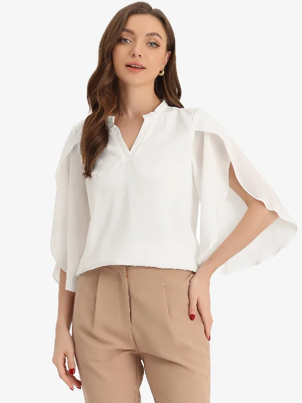 Chiffon Blouse V Neck Split Sleeve Business Casual Shirts