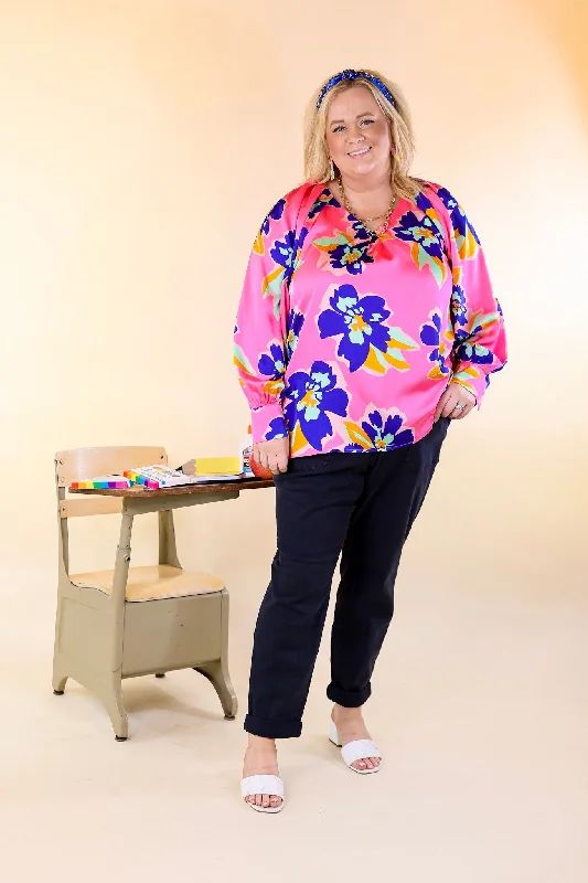 Peony Path Long Sleeve Floral Top with V Neckline in Pink