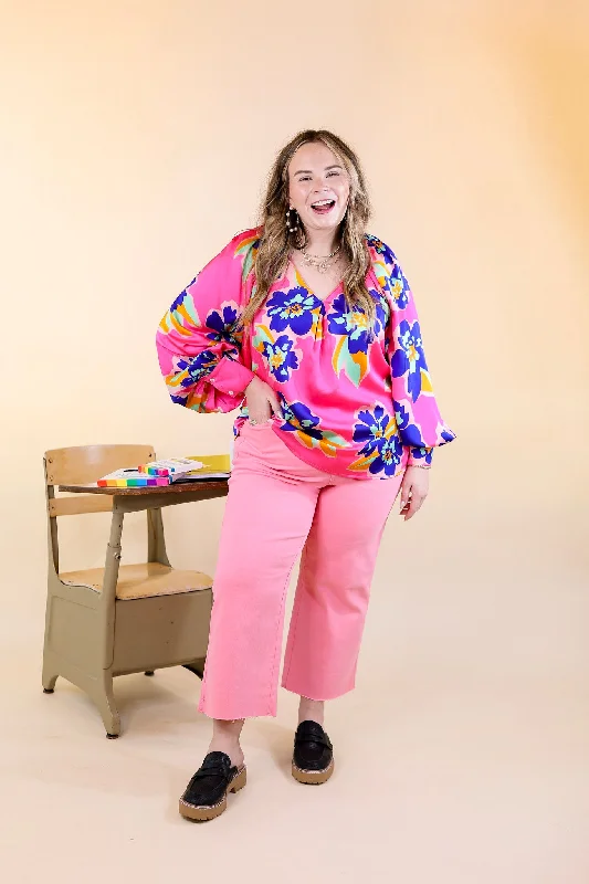 Peony Path Long Sleeve Floral Top with V Neckline in Pink