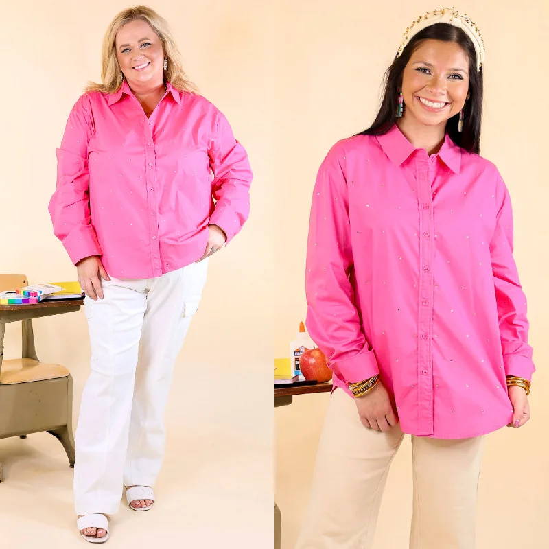 Shine On Collared Button Up Top with Rhinestones in Pink