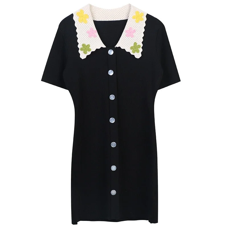 Summer Flower Embroidery Dresses for Women 2022 Korean Fashion Elegant Black Knitted Dress Short Sleeve Vestidos De Fiesta