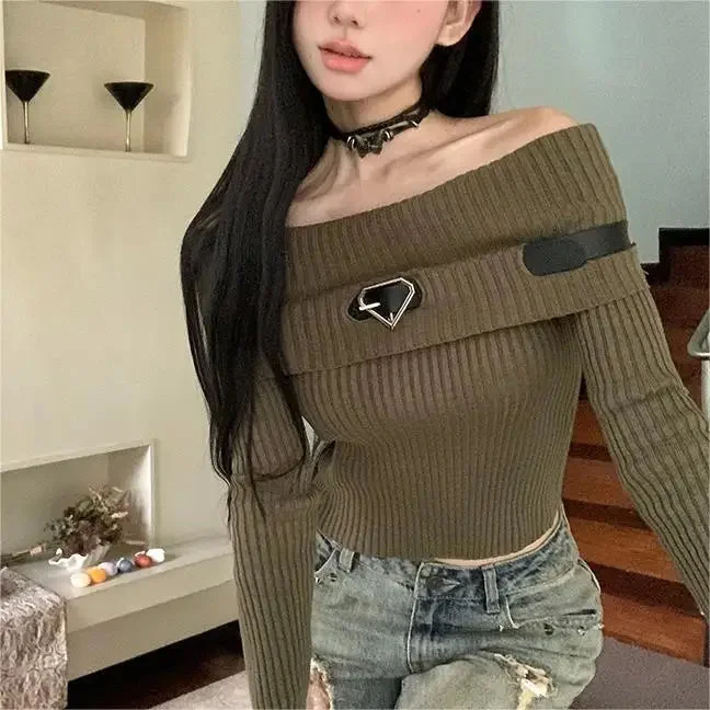 Lunivop Sweet Women Off Shoulder Knitted Crop Tops Long Sleeve Slim Fit Belt Sweaters Autumn Ribbed T-Shirts Korean Harajuku Streetwear