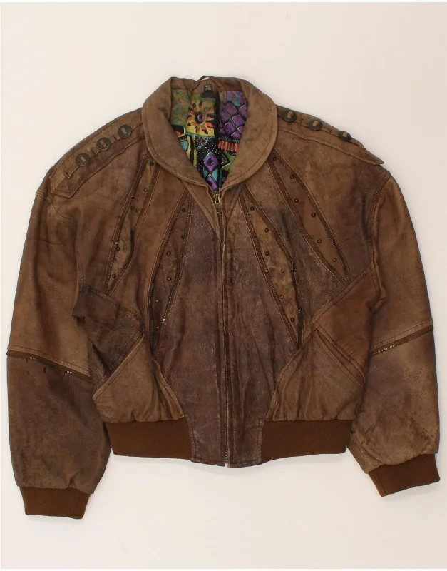 VINTAGE Womens Crop Leather Jacket EU 34 XS Brown Leather