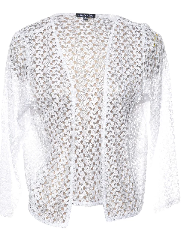 White Three-Quarter Sleeve Crochet Jacket - M