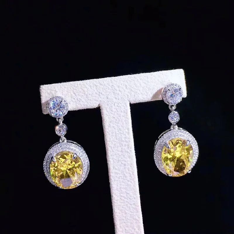 925 Silver Oval Yellow Diamond Large Charm Drop Earrings