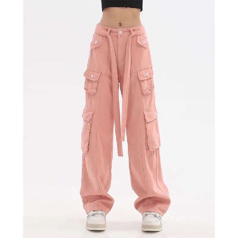 Adeline Vintage Pink High Waist Multi-Pocket Waist Belt Straight Leg Cargo Pants