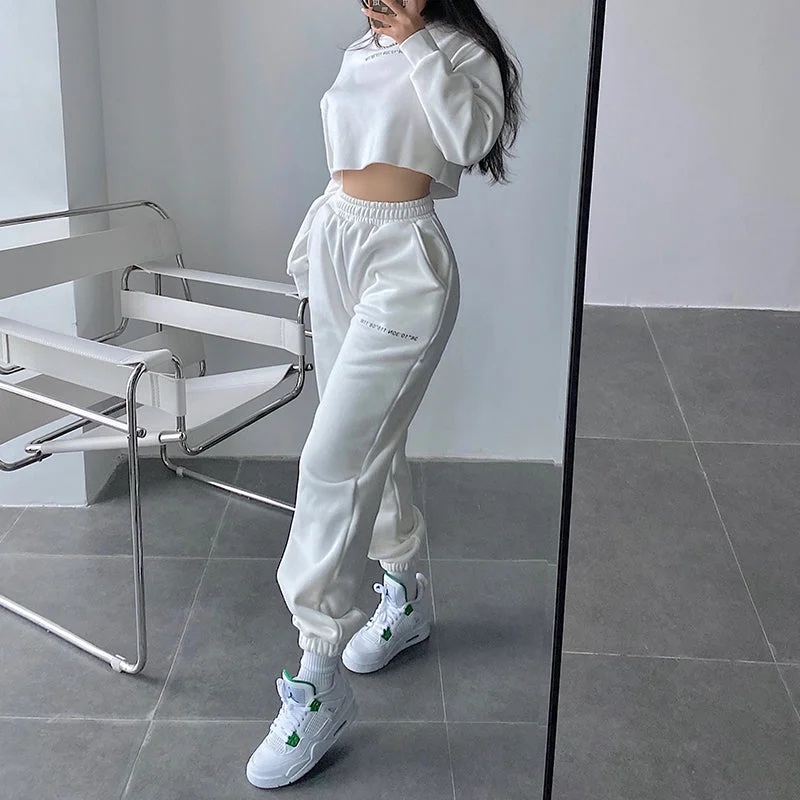 Alice Solid Color Cropped Long Sleeve Sweatshirt High Waist Sweatpants Matching Set