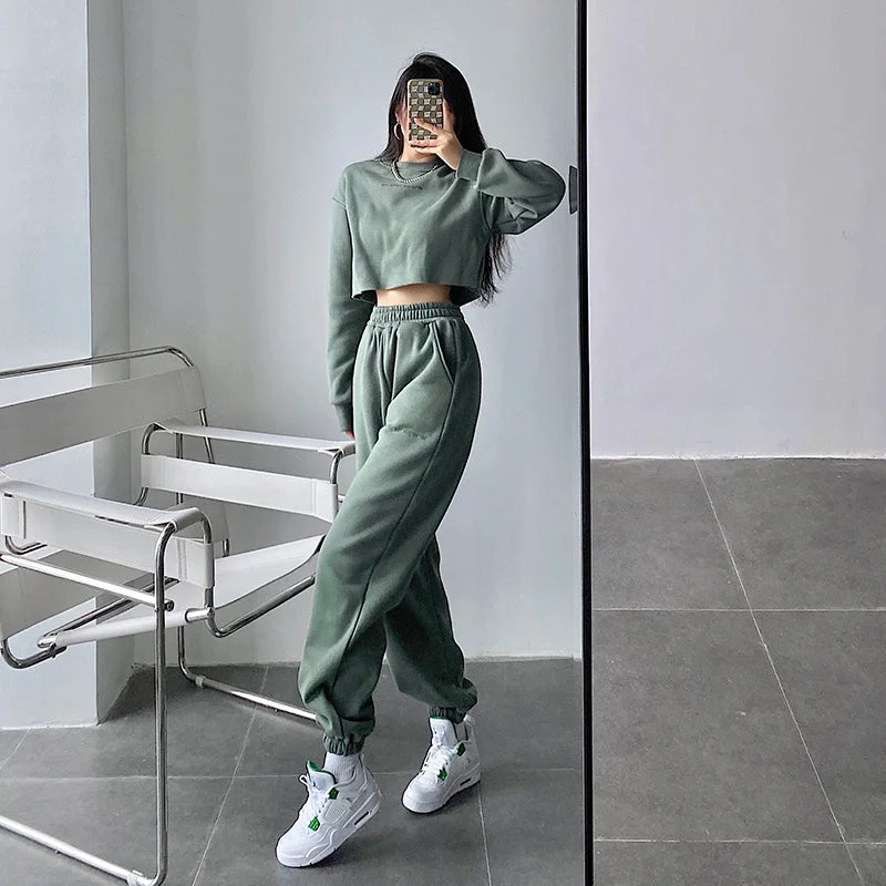 Alice Solid Color Cropped Long Sleeve Sweatshirt High Waist Sweatpants Matching Set