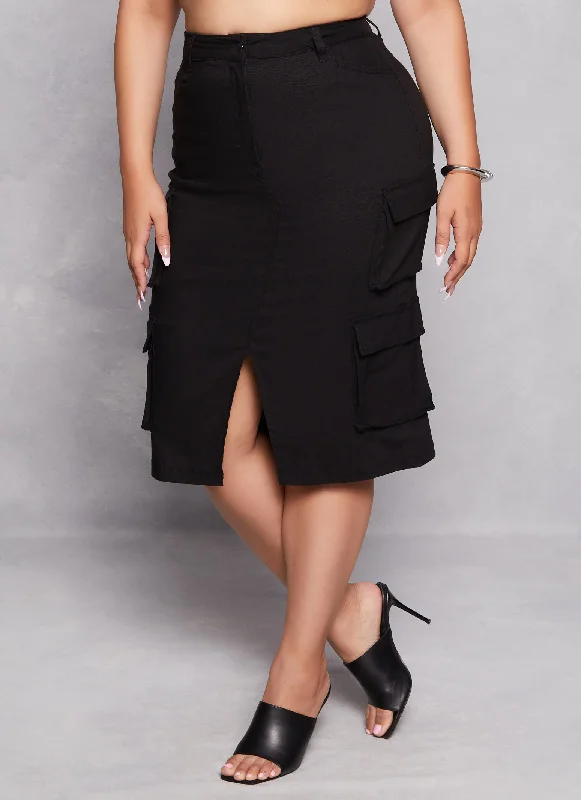 Plus Size Hyper Stretch Slit Front Cargo Skirt