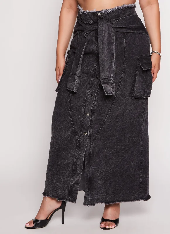 Plus Size Tie Waist Frayed Hem Denim Maxi Skirt