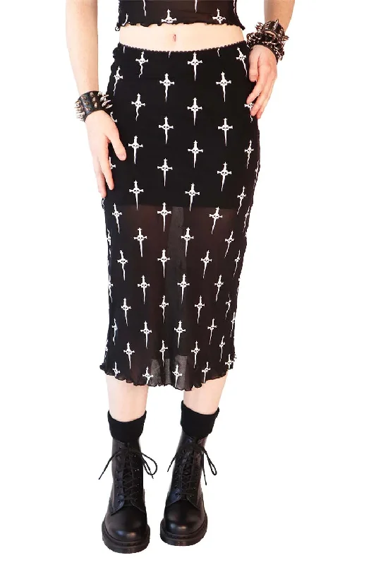 Black/White Dagger Print Midi Skirt