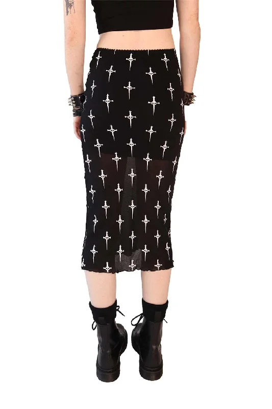 Black/White Dagger Print Midi Skirt