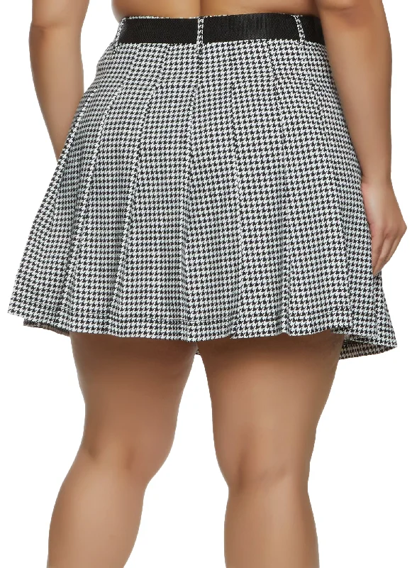 Plus Size Printed Buckle Belt Pleated Skirt