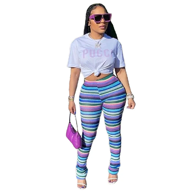 Color Stripes Knitted Hollow Jacquard Pile Pants(CL10791)