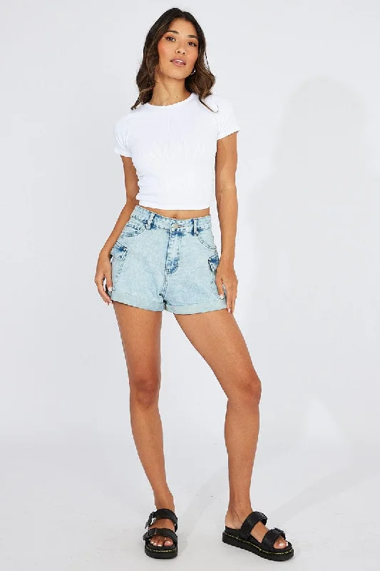 Denim High Waisted Cargo Denim Shorts Stretch