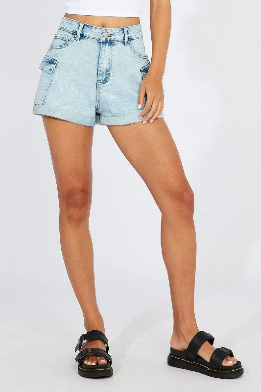 Denim High Waisted Cargo Denim Shorts Stretch