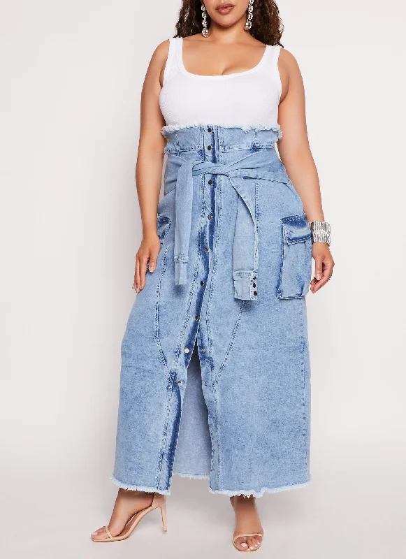 Plus Size Tie Waist Frayed Hem Denim Maxi Skirt