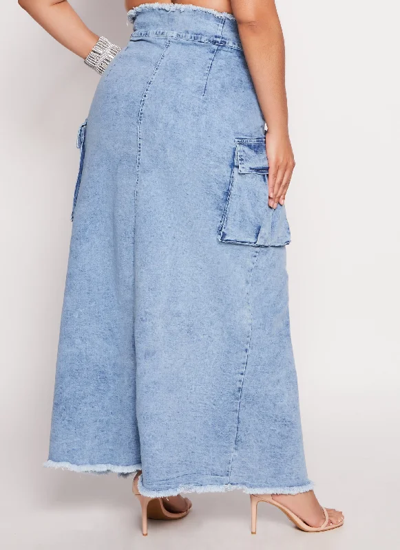 Plus Size Tie Waist Frayed Hem Denim Maxi Skirt