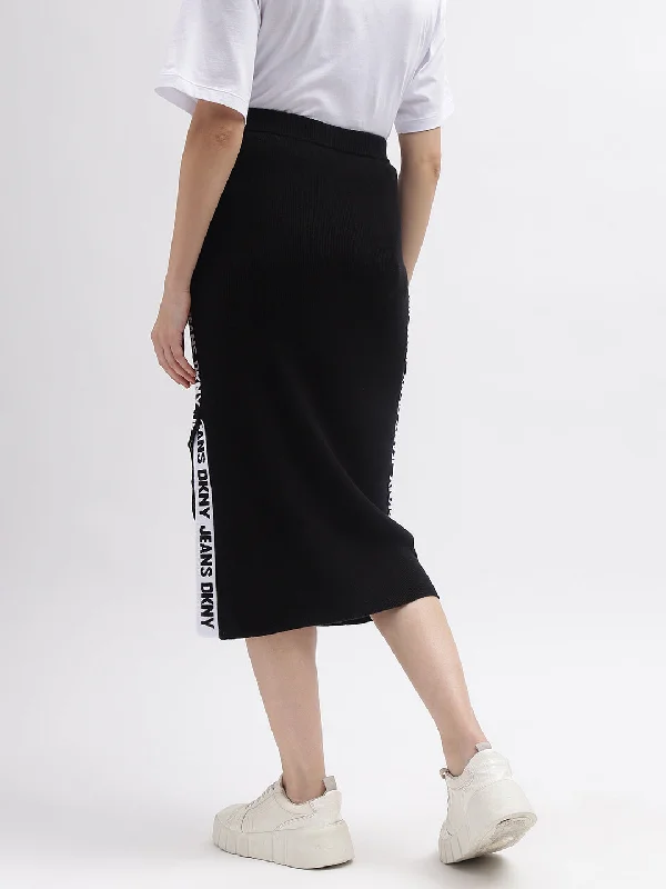 DKNY Women Black Solid Typographic Straight Skirt