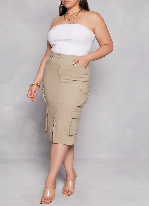 Plus Size Hyper Stretch Slit Front Cargo Skirt